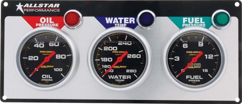 Allstar Performance Gauge Panel Kits ALL80123 3-Gauge Panel, AutoMeter Pro-Comp, Liq Fill, Fuel/Oil Press, Water Temp, Each
