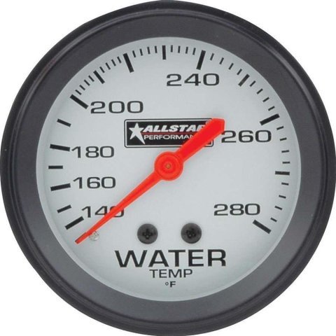 Allstar Performance Gauges ALL80096 Gauge, Allstar, Water Temperature, 140-280 Degrees F, 2 5/8 in. Diameter, Analog, Full Sweep, Illuminated, Mechanical, White Face, Black Bezel, Each