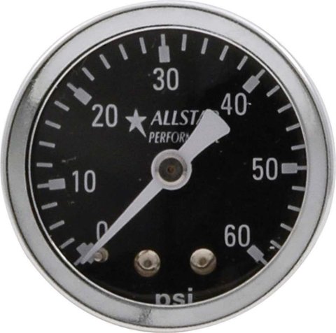 Allstar Performance Gauges ALL80214 Gauges, Pressure, Analog, Round, 0-60 psi, Black Face, White Numbers and Pointer, Polished Bezel, Mechanical, 1 1/2 in. Diameter, Each