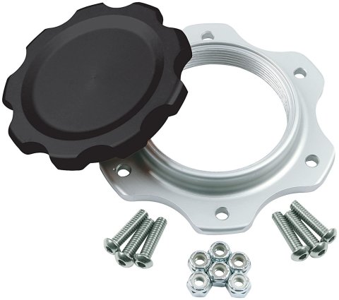 Allstar Performance Fuel Cell Cap and Bungs ALL40137 Caps, Cap/Bolt-In Bung, Aluminum, Natural, Female Thread, 6-Bolt Flange, Black Cap, with Hardware, Kit