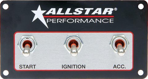 Allstar Performance Electrical Switch Panels ALL80165 compact three switch panel has sealed weatherproof toggle switches for use in open cockpit