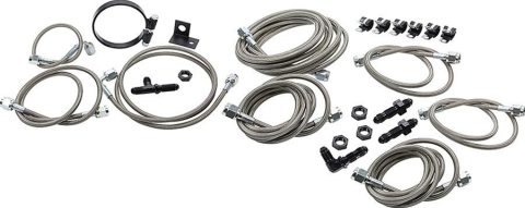 Allstar Performance Brake Hoses, Sets ALL42053 Kit allows braided lines to be run throughout a dirt race car. Includes all lines needed to reach from the cal