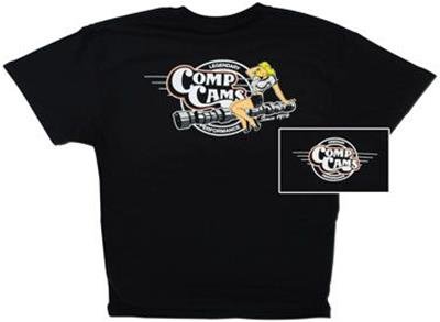 COMP Cams Pin-Up T-Shirts C1038-XL T-Shirt, Girl Logo Rear, Retro Logo Front, Cotton, Black, Men's X-Large, Each