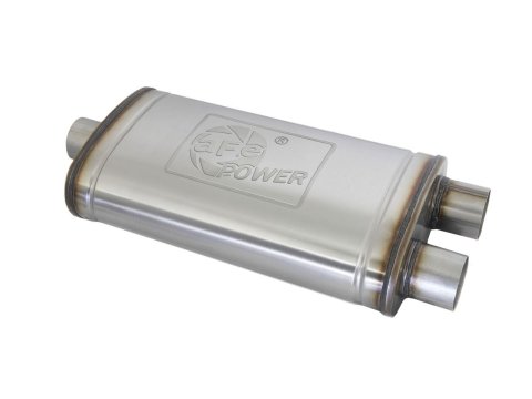 aFe Mach Force XP 304 Stainless Steel 3 Inch Muffler 49M30015 Mufflers, XP, Stainless, Natural, Oval Case, Single 3.00 in. Center Inlet, Dual 3.00 in. Center Outlets, 22.00 in. Overall Length, Each