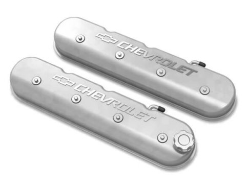 Holley Aluminum LS Valve Covers 241-400 Covers, LS, Centerbolt, Tall, Chevrolet Logo, Cast Aluminum, Natural Finish, Baffled, Chevy, LS, 5.7L, 6.0L, 6.2L, 7.0L, Pair