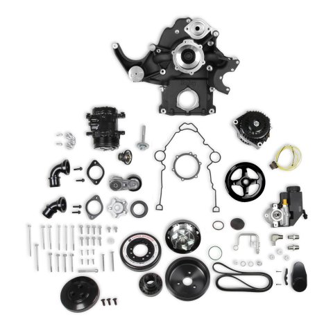Holley Mid-Mount Complete Accessory Systems 20-293BK Drive Systems, Mid-Mount, Gen III, Hemi, VVT, Serpentine, 6-groove, Alternator, Power Steering, AC, Water Pump, Belts, Black Finish, Kit