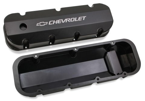 Holley Track Series Valve Covers 241-281 Covers, Series, Perimeter Bolt, Tall, Chevrolet Logo, Fabricated Aluminum, Black Gloss, Baffled, Chevy, 396ci, 402ci, 427ci, 454ci, Pair