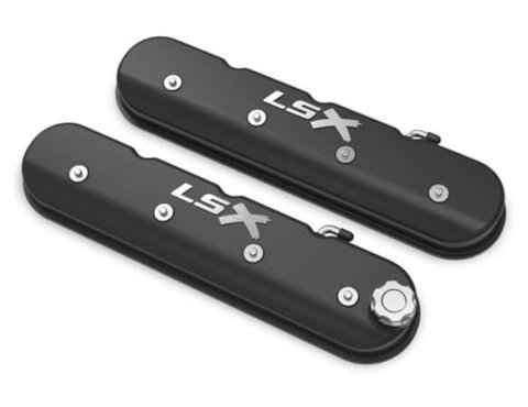 Holley Aluminum LS Valve Covers 241-407 Covers, LS, Centerbolt, Tall, LSX Logo, Cast Aluminum, Black Satin, Baffled, Chevy, LS, 4.8L, 5.3L, 5.7L, 6.0L, 6.2L, 7.0L, Pair