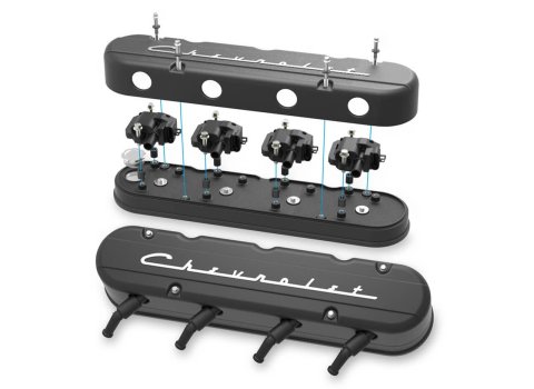 Holley Aluminum LS Valve Covers 241-177 Covers, LS, Center and Perimeter Bolt, Tall, Chevy Logo, Cast Aluminum, Black Satin, Two-Piece, Chevy, LS, 4.8-7.0L, Pair