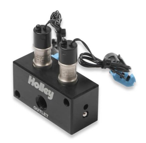 Holley Boost Control Solenoids 557-201 Controllers, EFI, Dual Solenoid Valve, Billet Aluminum, 3 Port Manifold, 1/4 in. NPT, Push-lock Fittings, Two Trminated Connectors, Each