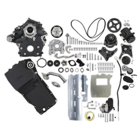 Holley Ford 7.3L Godzilla High-Mount Accessory Drive Complete Kits 20-340BK Systems, Kit, Oiling System, Serpentine, Black Powdercoated Finish, Godzilla, Kit