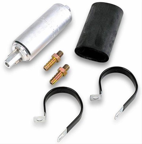 Holley Electric In-Line Fuel Pumps 12-927 Pumps, Electric, Inline, External, 163 lph, 15 psi, 12V, M10 x 1.0, Female Thread, Aluminum, Silver, Bracket, Black, Fittings, Each
