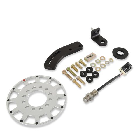 Holley EFI Crank Trigger Kits 556-171 Triggers, EFI, 7 in. Diameter, Aluminum, Silver, Adjustable Bracket, Black, 3-wire Pickup, 12-1X, Hall Effect, Chevy, Small Block, Kit