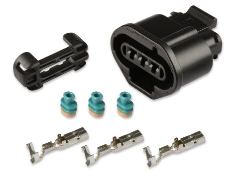 Holley Wiring Harness Connectors 570-231 Weatherproof Connectors, EFI, Ford Coyote/Modular, TPS Connector, Main Harness, DMS 3-pin, Female, Black Plastic, with Pins, Seals, TPA, Each