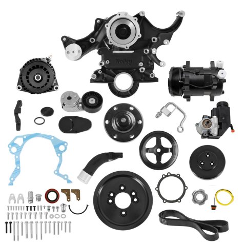 Holley Ford Mid-Mount Accessory Drive Systems 20-370BK Systems, Mid-Mount, Serpentine, 150 Amp Alternator, GM Type 2 Power Steering, SD-7, Black Finish, Ford, Kit