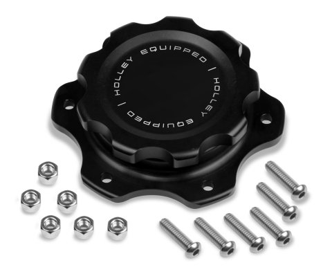 Holley Fuel Cell Caps 241-226 Caps, Screw-on, Billet Aluminum, Black Anodized, Cap Mounting Plate, 6 Bolt Holes, Each