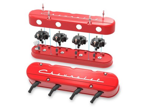Holley Aluminum LS Valve Covers 241-179 Covers, Center and Perimeter Bolt, Tall, Chevy Logo, Cast Aluminum, Red Gloss, Two-Piece, Chevy, LS, 4.8-7.0L, Pair