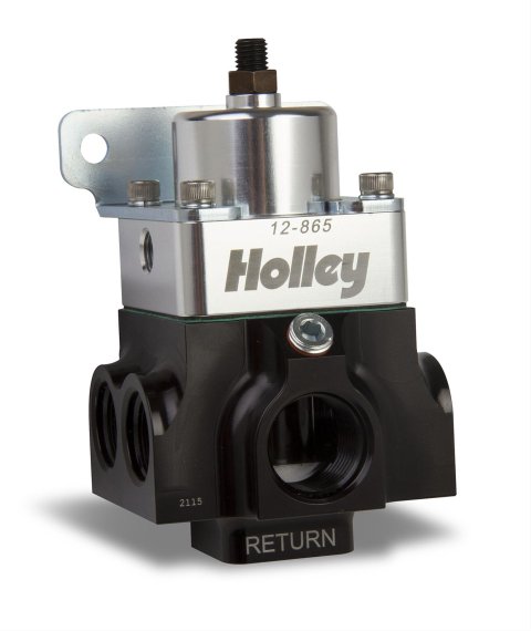 Holley VR Series Fuel Pressure Regulators 12-865 Regulators, Series, 4 port, Inline, Return Style, 4-9 psi, 1/8 in. NPT Gauge Port, -10 AN O-ring ports, Aluminum, Black Base, Each