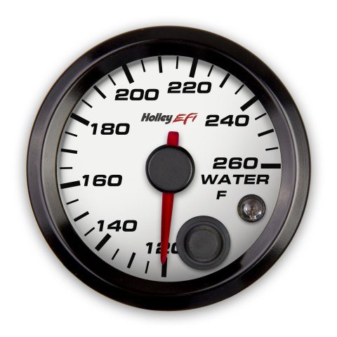 Holley EFI Analog Display Gauges 553-128W Gauges, EFI, Coolant Temp, 120-260 psi, Analog, Electric Sending Unit, 2 1/16 in. Diameter, Full Sweep, Lighted, White Face, Red Needle, Each