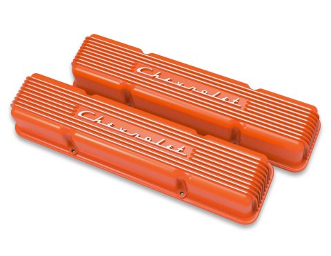 Holley Vintage Series Valve Covers 241-109 Covers, Series. Perimeter Bolt, Tall, Finned, Cast Aluminum, Orange Powdercoat, Chevy, 4.3-6.6L, Pair