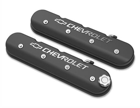 Holley Aluminum LS Valve Covers 241-402 Covers, LS, Centerbolt, Tall, Chevrolet Logo, Cast Aluminum, Black Satin, Baffled, Chevy, LS, 4.3L, 5.3L, 5.7L, 6.0L, 6.2L, 7.0L, Pair