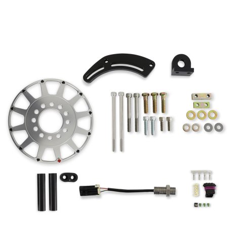 Holley EFI Crank Trigger Kits 556-174 Triggers, 12-1X LS, Hall Effect, 8 in. Diameter, Aluminum, Silver, Adjustable Bracket, Black, 3-wire Pickup, Gen III, IV, LS, Kit