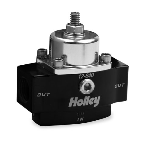 Holley HP Billet Fuel Pressure Regulators 12-840 Regulators, Billet, 4.5 to 9 psi, Inline, No Return, 3/8 in. NPT, Inlet and Outlet, Black, Clear Anodized, Mounting Bracket. Each