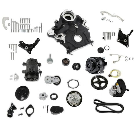 Holley High-Mount Complete Accessory Systems 20-310BK Drive Systems, High-Mount, Serpentine, Alternator, Power Steering, AC, Water Pump, Aluminum, Black, Timing Cover, Ford, 7.3L Godzilla, Kit