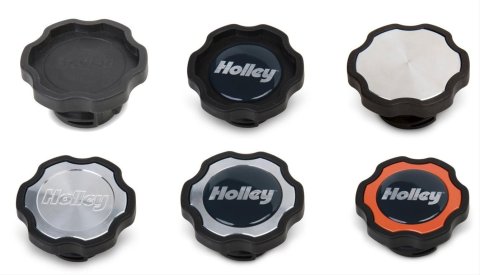 Holley LS Engine Oil Fill Caps 241-224 Caps, Engine, Twist-in, Octagon Shape, Black, Plastic, Billet Aluminum Insert, Domed Decal, Each