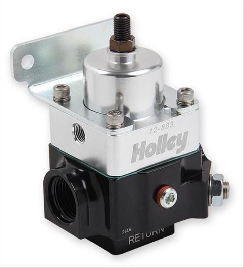 Holley Double Adjustable Fuel Pressure Regulators 12-883 Regulators, Dual Adjustable, 4-9 psi, Return Style, In-line, -10 AN Female, Inlet and Outlet Ports, Aluminum, Black, with Bracket, Each
