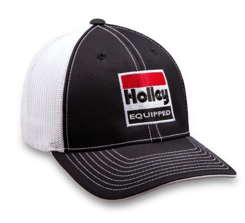 Holley Trucker Hats 10160-LGHOL Hats, Equipped, Embroidered Logo, Style, Ball Cap, Black and White, Flexfit Mesh, Cotton, Large, Each