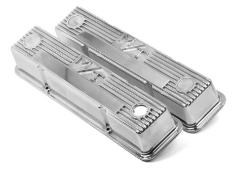 Holley M/T Valve Covers 241-82 Covers, M/T, Perimeter Bolt, Tall, Finned, Cast Aluminum, Polished, Baffled, Chevy, 262ci, 267ci, 283ci, 305ci, 307ci, 327ci, 350ci, 400ci, Pair
