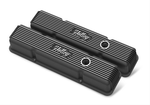 Holley Vintage Series Valve Covers 241-242 Covers, Series, Perimeter Bolt, Tall, Finned, Logo, Cast Aluminum, Black Finish, Textured, Baffled, Chevy, 283-400ci, Pair