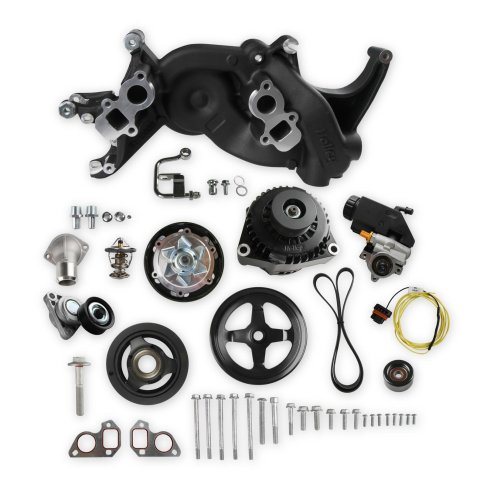 Holley Mid-Mount Complete Accessory Systems 20-186BK Drive Systems, LS Mid-mount, Serpentine, Alternator, Water Pump, Counterclockwise, Power Steering, GM 2, Black Finish, Chevy, 4.8-7.0L, Kit