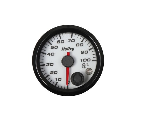 Holley Analog Standalone Gauges 26-601W Gauge, Standalone, Oil Pressure, 0-100 psi, 2 1/16 in. Diameter, Analog, Full Sweep, Illuminated, with Electrical Sending Unit, White Face, Kit