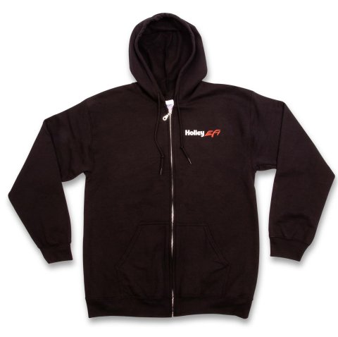 Holley EFI Zip-Up Hooded Sweatshirts 10134-MDHOL Sweatshirts, EFI, Branded Hoodie, White/Red Logo, Full Zip, Long Sleeve, Drawstring Hood, Slant Side Pockets, Black, Medium, Each
