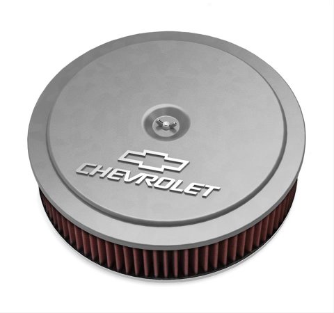 Holley GM Muscle Series Air Cleaners 120-218 Cleaners, Series, 14 in. Round, 1 in. Drop, Chevy Logo, Aluminum, Cast Finish, 3 in. Filter, Red, Cotton Gauze, Aluminum Wing nut, Kit