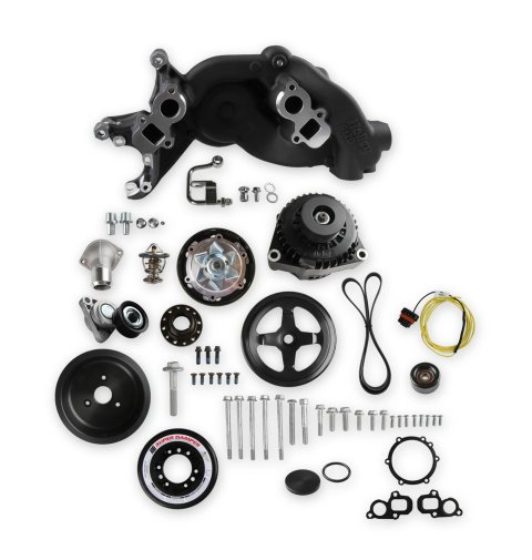 Holley Mid-Mount Complete Accessory Systems 20-201BK Drive Systems, LT Mid-Mount, Serpentine, Alternator, Power Steering, Water Pump, Pulleys, 6-groove, Black Finish, Chevy, 5.3L, 6.2L, Kit