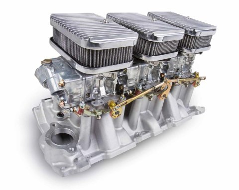 Holley Tri-Power 3x2 Intake and Carburetor Kits 300-522SA Manifold Combo, Weiand Mid Rise Intake, Center 325 cfm Shiny Carb, Two 350 cfm outer Shiny Carbs, Chevy, Small Block, Kit