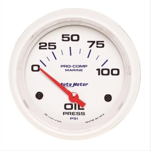 AutoMeter Pro-Comp Marine Analog Gauges 200759 Gauge, Marine, Oil Pressure, 2 5/8 in., 0-100 psi, Short Sweep, White Face, Red Pointer, White Bezel, Electrical, Each