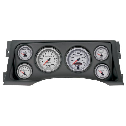 AutoMeter Ultra-Lite II Instrument Clusters 2928-14 Gauge Kit, II, Analog, Silver Face, Speedometer, Tach, Oil, Water, Volt, Fuel, Black Numbers, Red Pointers, Black Panel, Chevy, GMC, Kit