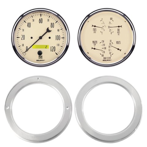 AutoMeter Antique Beige Instrument Clusters 7037-02 Gauge Kit, Beige, Analog, Speedometer, Oil, Water, Volt, Fuel, Black Numbers and Pointers, Aluminum Panel, Chevy, Kit