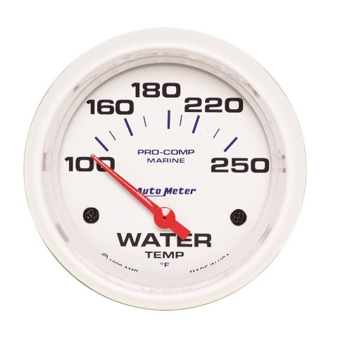 AutoMeter Pro-Comp Marine Analog Gauges 200763 Gauge, Marine, Water Tempurature, 2 5/8 in., 100-250 degrees F, Short Sweep, White Face, Red Pointer, White Bezel, Electrical, Each