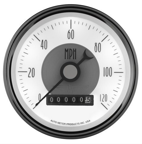 AutoMeter Prestige Analog Speedometers 2085 Gauges, Speedometer, 0-120 mph, 3 3/8 in., White Face, Black Numbers, Chrome Bezel, Electrical, Each
