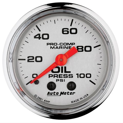 AutoMeter Pro-Comp Marine Analog Gauges 200790-35 Gauge, Marine, Oil Pressure, 2 1/16 in., 0-100 psi, Full Sweep, Silver Face, Red Pointer, Chrome Bezel, Mechanical, Each