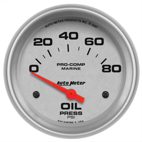 AutoMeter Pro-Comp Marine Analog Gauges 200747-33 Gauge, Marine, Oil Pressure, 2 5/8 in., 0-80 psi, Short Sweep, Silver Face, Red Pointer, Silver Bezel, Electrical, Each