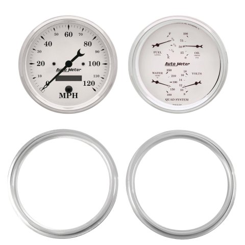 AutoMeter Old Tyme White Series Instrument Clusters 7039-08 Gauge Kit, White, Analog, Speedometer, Oil, Water, Volt, Fuel, Black Numbers and Pointers, Aluminum Panel, Chevy, Kit