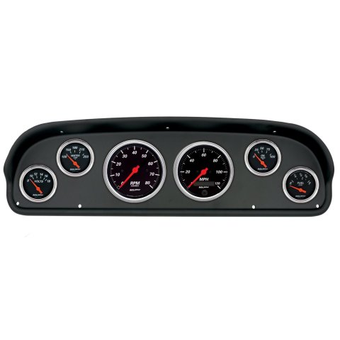 AutoMeter Designer Black Instrument Clusters for 1957-1960 F-100, F-250, F-350 - 2101-06 Gauge Kit, Black, Analog, Speedometer, Tach, Oil, Water, Volts, Fuel, White Numbers, Red Pointers, Panel, Ford, F100, Kit