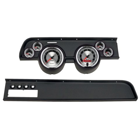 AutoMeter American Muscle Instrument Clusters for 1967-1968 COUGAR - 2115-01 Gauge Kit, Muscle, Analog, Silver Face, Speed, Tach, Oil, Water, Volt, Fuel, White Numbers, Red Pointers, Black Panel, Mercury, With A/C, Kit