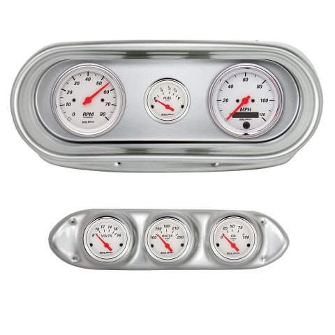 AutoMeter Arctic White Instrument Clusters for 1962-1965 CHEVY II - 2127-03 Gauge Kit, White, Analog, Speedo, Tach, Oil, Water, Volts, Fuel, Black Numbers, Red Pointers, Brushed Panel, Chevy, Kit